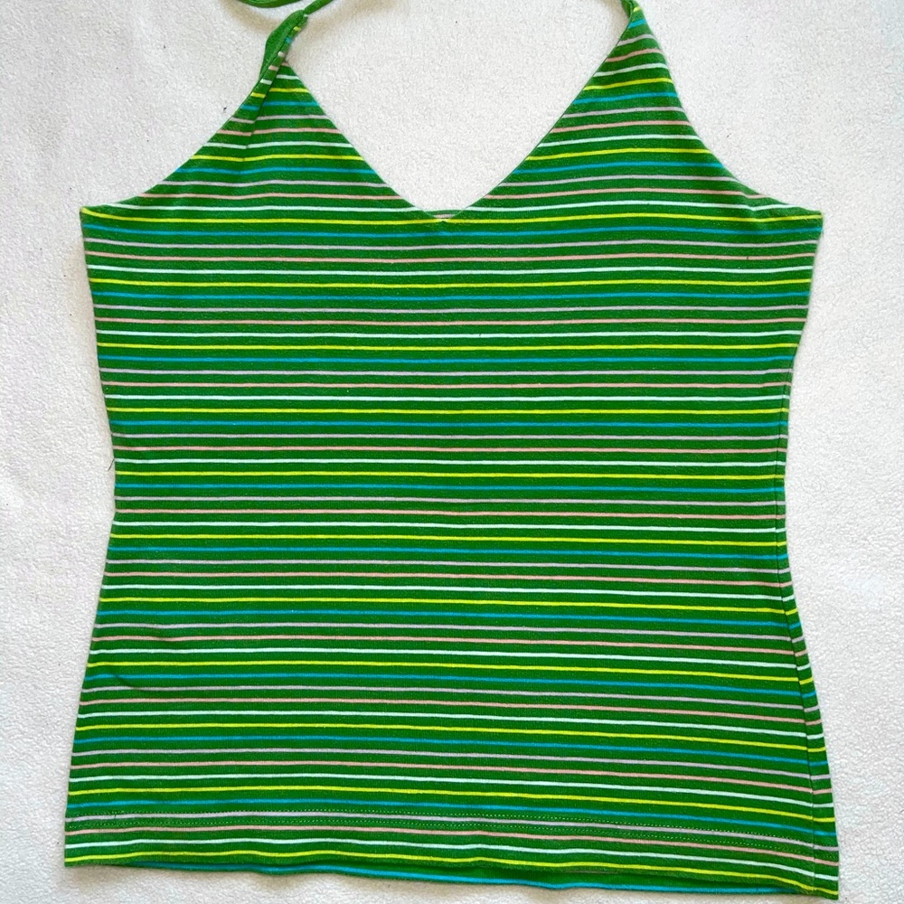 Green striped halter top with built-in bra